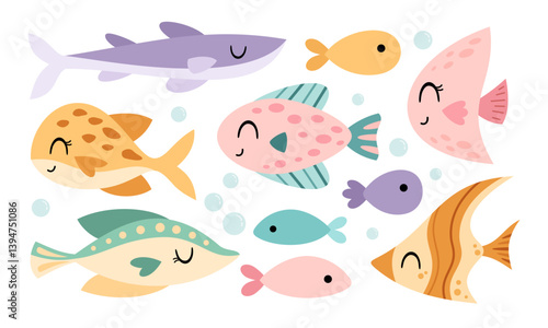 Set with cute fish, isolated cartoon sea character. Ocean animal clipart. Nautical hand drawn vector illustration in flat style