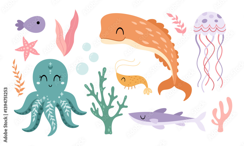 Fototapeta premium Ocean animals with whale, jellyfish, octopus, fish, seaweeds. Sea clipart in cartoon flat style. Hand drawn vector illustration