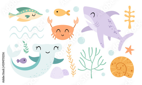 Ocean animals with shark, hammerhead shark, fish, crab, shell, seaweeds. Sea clipart in cartoon flat style. Hand drawn vector illustration
