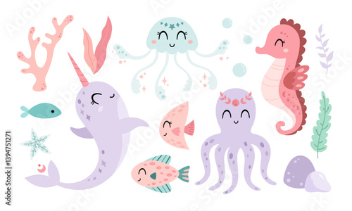 Ocean animals with narwhal, octopus, sea ​horse, jellyfish, fish, seaweeds. Sea clipart in cartoon flat style. Hand drawn vector illustration