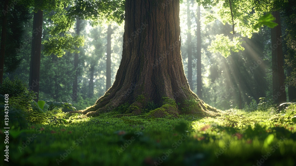 Fototapeta premium Majestic Tree in a Sunlit Forest: A huge, ancient tree stands tall in a vibrant forest, its massive trunk and textured bark providing a sense of strength.