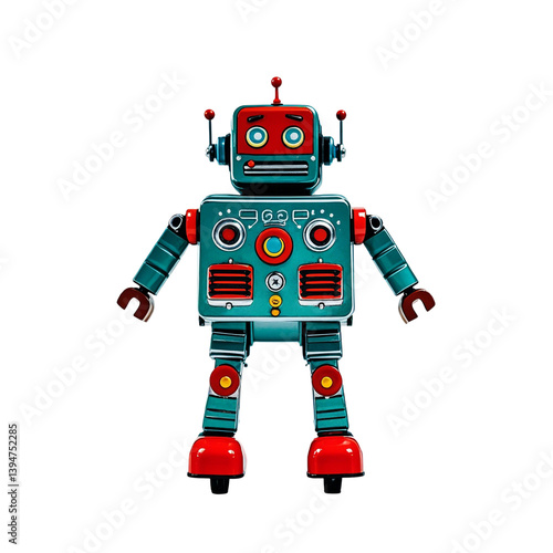 Retro colorful toy robot with red antennas square head and buttons standing upright detailed design PNG file download