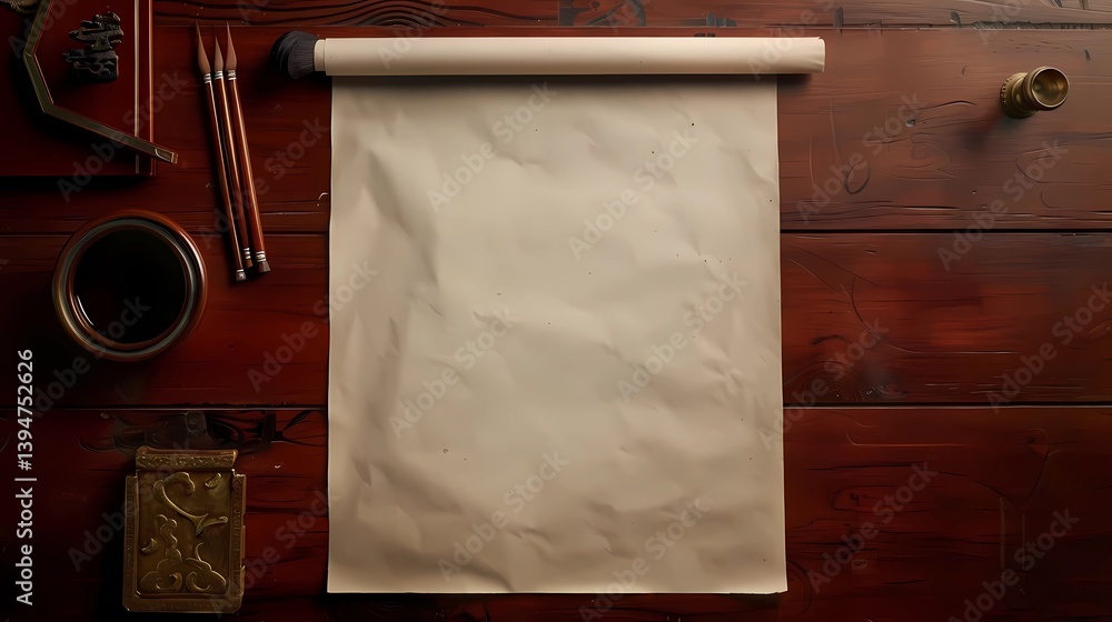 A vertical sheet of blank and smooth and thick parchment paper on an empty, smooth one-piece minimalist dark reddish mahogany desk, Generative AI illustrations.