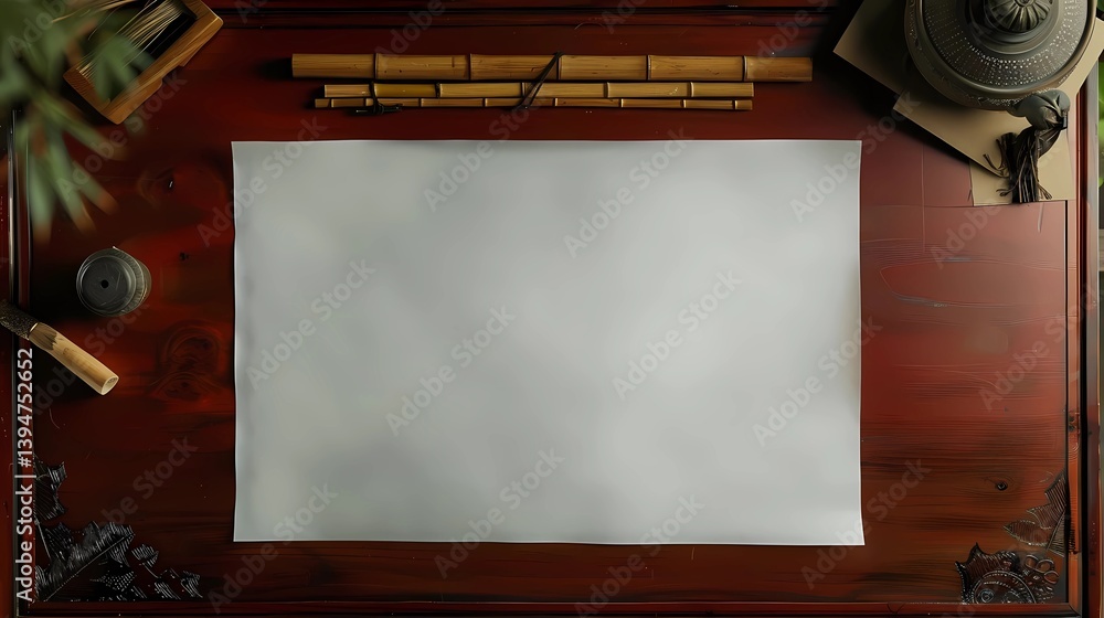 A vertical sheet of blank and smooth and thick parchment paper on an empty, smooth one-piece minimalist dark reddish mahogany desk, Generative AI illustrations.
