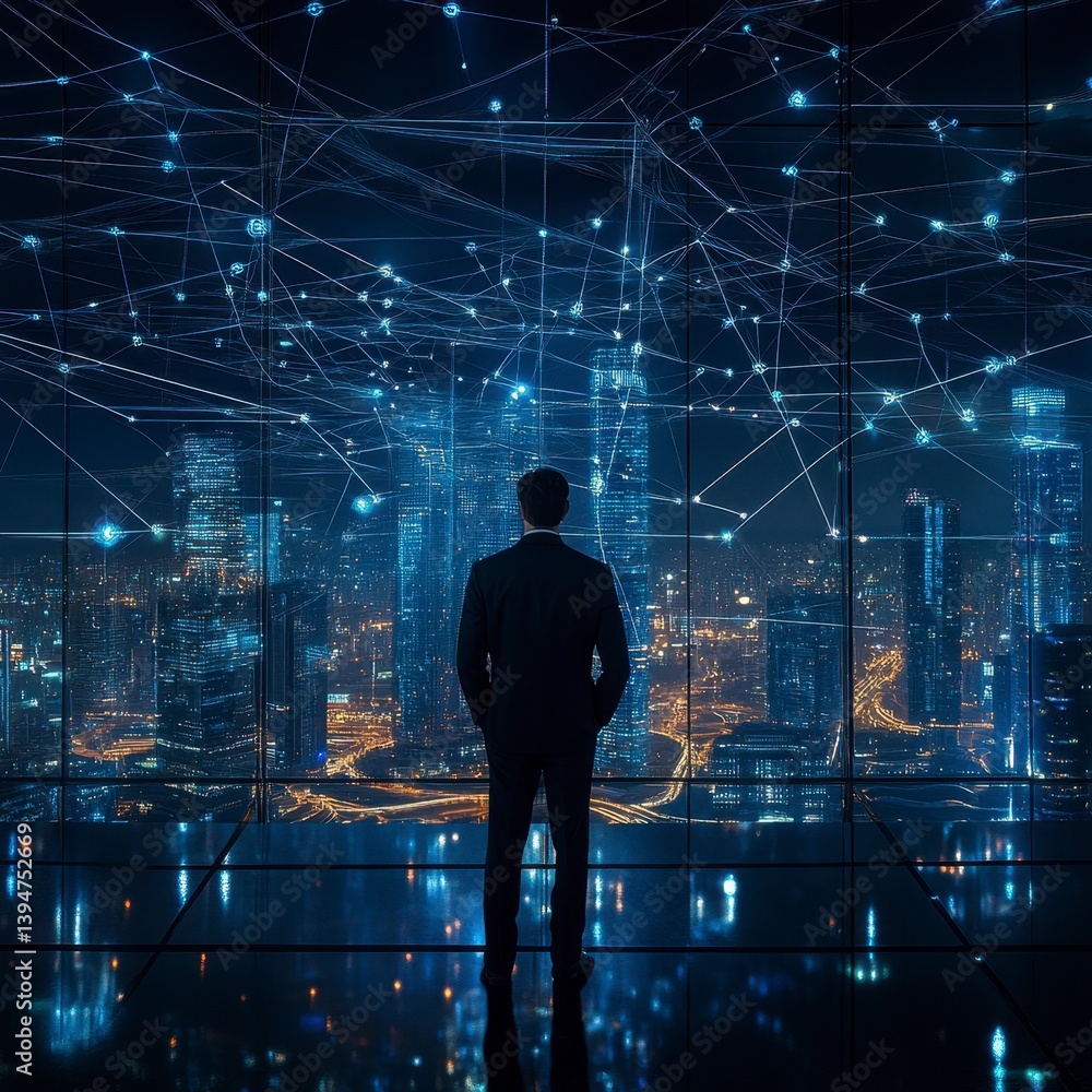 Obraz premium Businessman Contemplating Futuristic City Nightscape with Glowing Data Network