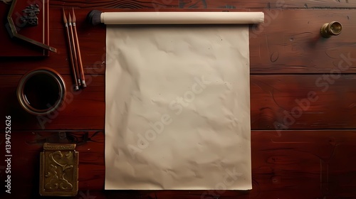 Obraz na płótnie A vertical sheet of blank and smooth and thick parchment paper on an empty, smooth one-piece minimalist dark reddish mahogany desk, Generative AI illustrations. w salonie