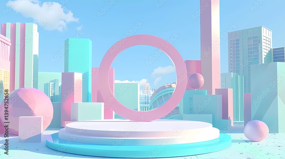 A circular stage surrounded by colorful geometric shapes and a blue background with city buildings, Generative AI illustrations.