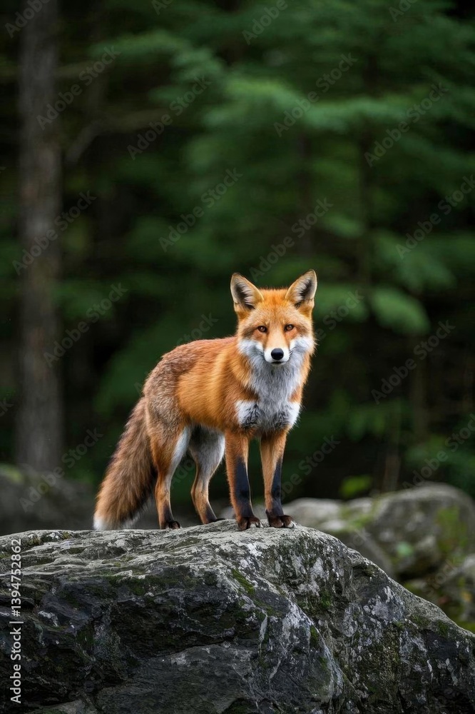 Obraz premium there is a fox standing on a rock in the woods