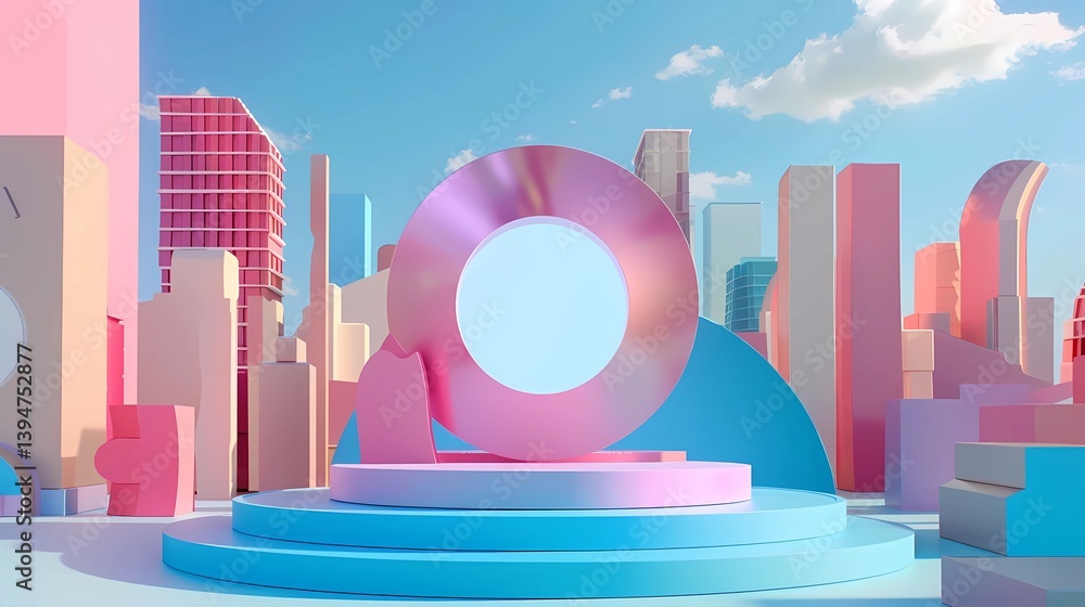 A circular stage surrounded by colorful geometric shapes and a blue background with city buildings, Generative AI illustrations.