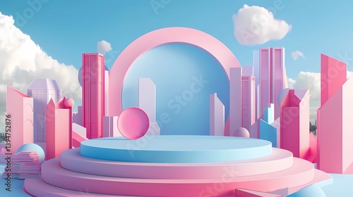 Obraz na płótnie A circular stage surrounded by colorful geometric shapes and a blue background with city buildings, Generative AI illustrations. w salonie