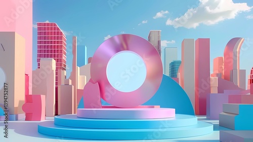 Obraz na płótnie A circular stage surrounded by colorful geometric shapes and a blue background with city buildings, Generative AI illustrations. w salonie