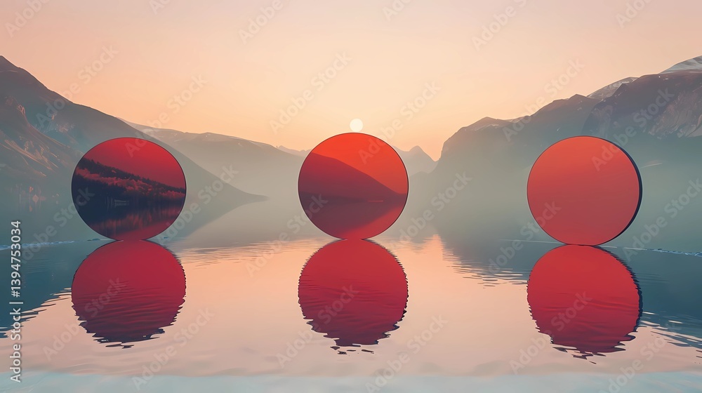 A realistic photo of three circular red mirrors placed on a lake, lined up and seen from the front, minimalist landscape, just water and mountains on the horizon, Generative AI illustrations.