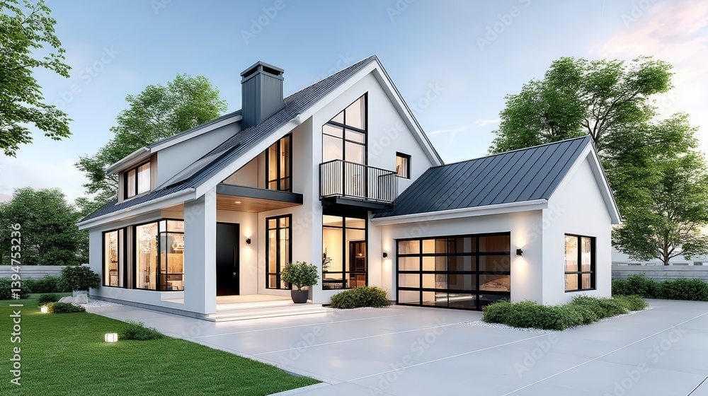 Modern Minimalist Architecture, Modern white house with lush green garden and blue sky Modern Minimalist Architecture, Modern white house with lush green garden and blue sky