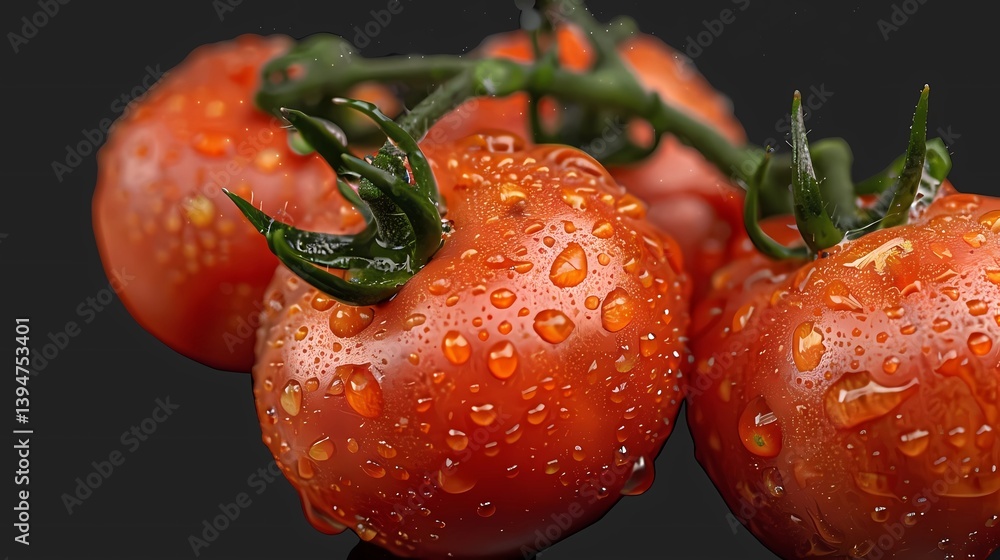 A tomato with water droplets on it, hanging from the vine on an isolated transparent background, Generative AI illustrations.