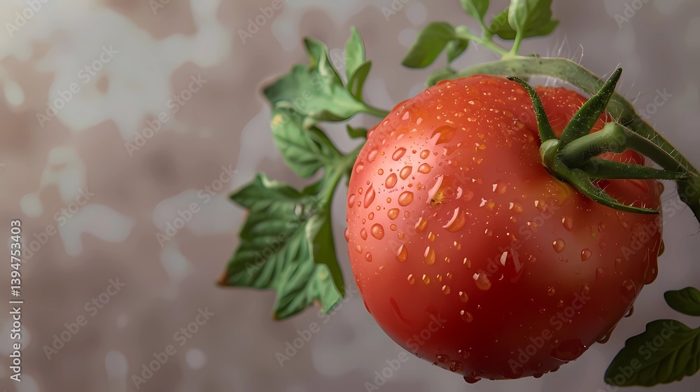 A tomato with water droplets on it, hanging from the vine on an isolated transparent background, Generative AI illustrations.