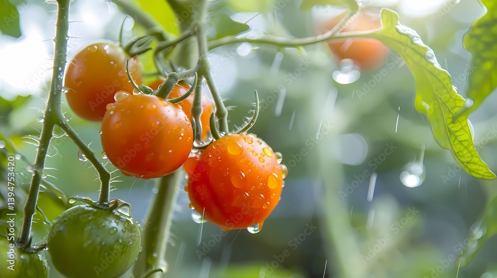 A tomato with water droplets on it, hanging from the vine on an isolated transparent background, Generative AI illustrations.