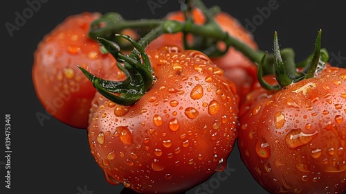 Obraz na płótnie A tomato with water droplets on it, hanging from the vine on an isolated transparent background, Generative AI illustrations. w salonie