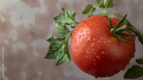 Obraz na płótnie A tomato with water droplets on it, hanging from the vine on an isolated transparent background, Generative AI illustrations. w salonie