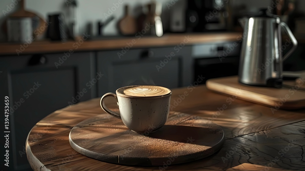 A cup of latte coffee, in the front view, placed on a round wooden board, appliances placed on the tea sideboard at the back, Generative AI illustrations.