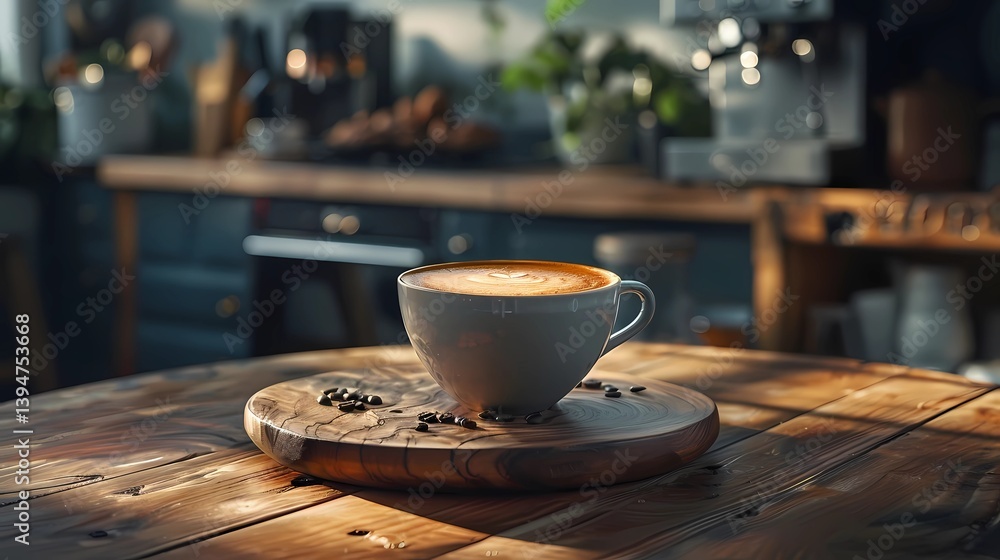 A cup of latte coffee, in the front view, placed on a round wooden board, appliances placed on the tea sideboard at the back, Generative AI illustrations.