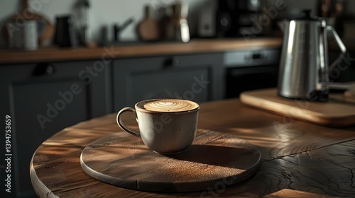 Obraz na płótnie A cup of latte coffee, in the front view, placed on a round wooden board, appliances placed on the tea sideboard at the back, Generative AI illustrations. w salonie
