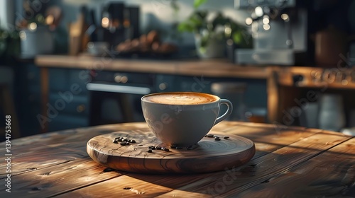 Obraz na płótnie A cup of latte coffee, in the front view, placed on a round wooden board, appliances placed on the tea sideboard at the back, Generative AI illustrations. w salonie
