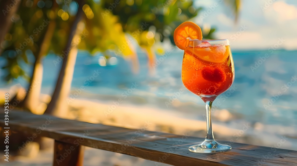 A summer coctail in a glass with paradise beach at background, Generative AI illustrations.