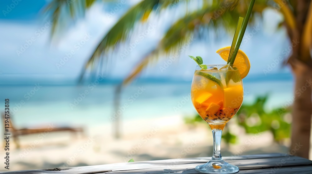 A summer coctail in a glass with paradise beach at background, Generative AI illustrations.