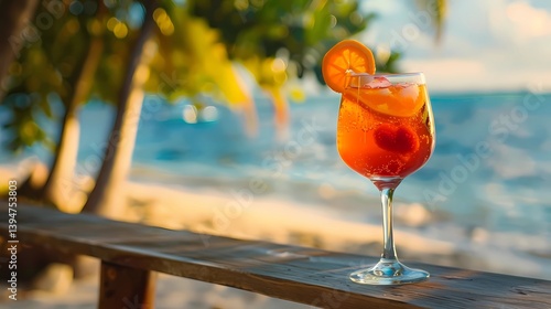 Obraz na płótnie A summer coctail in a glass with paradise beach at background, Generative AI illustrations. w salonie