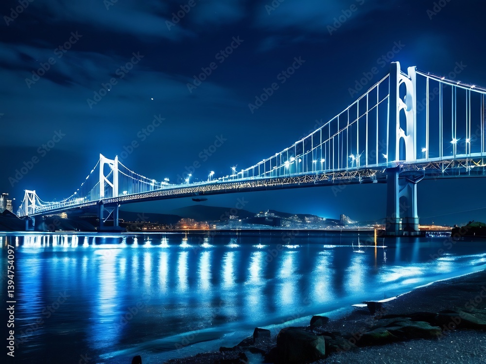 Fototapeta premium Illuminated Suspension Bridge Over Water at Night