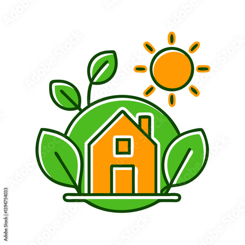 Eco-friendly house icon surrounded by leaves and sun  