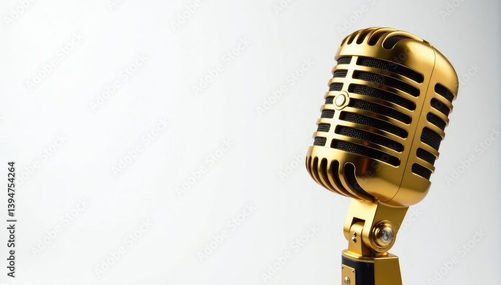 Fototapeta premium Close-up of a gold microphone isolated on white , isolated, recording studio