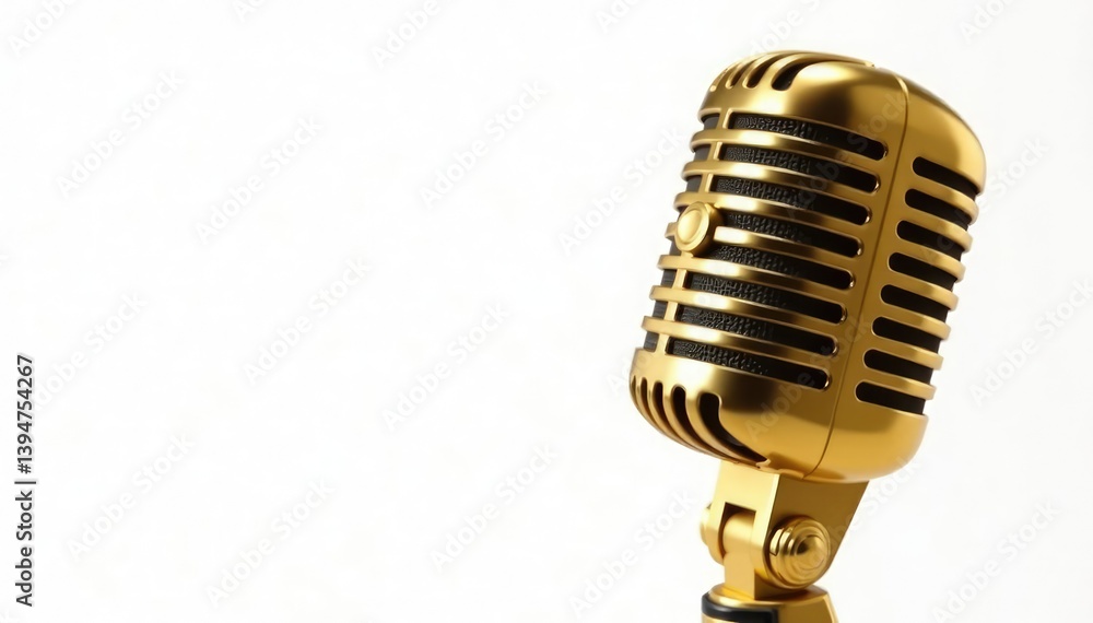 Fototapeta premium Close-up of a gold microphone isolated on white , style, performance