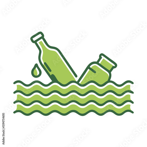 Ocean Cleanup Illustration with Bottles in Green Colors  