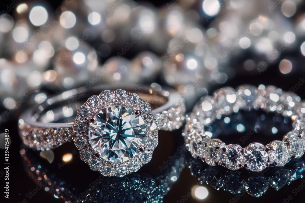 Exquisite diamond rings on a dark surface, showcasing brilliance and elegance. Close-up view of sparkling gems Exquisite diamond rings on a dark surface, showcasing brilliance and elegance. Close-up view of sparkling gems
