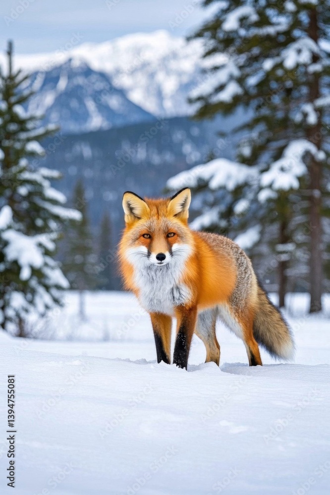 there is a fox standing in the snow with mountains in the background there is a fox standing in the snow with mountains in the background