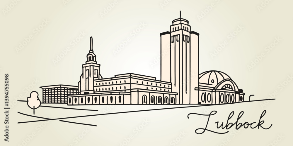 Fototapeta premium Lubbock skyline, incorporating Texas Tech University and its historic Depot District in a modern, one-line drawing style.