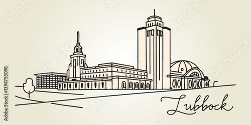 Lubbock skyline, incorporating Texas Tech University and its historic Depot District in a modern, one-line drawing style.