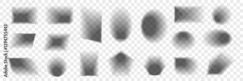 Realistic shadow effect. Square, rectangle and oval box. Object blur shade set. Gradient shapes from dark gray corner to transparent color. Black Tab pack .
