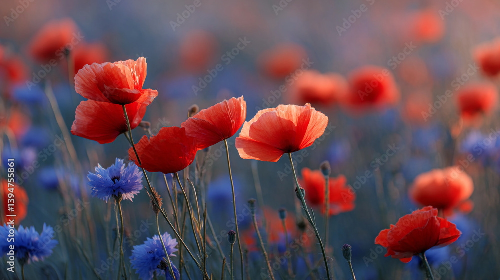 Obraz premium Beautiful red poppy flowers and blue cornflowers in a field nature photography landscape image stock photo