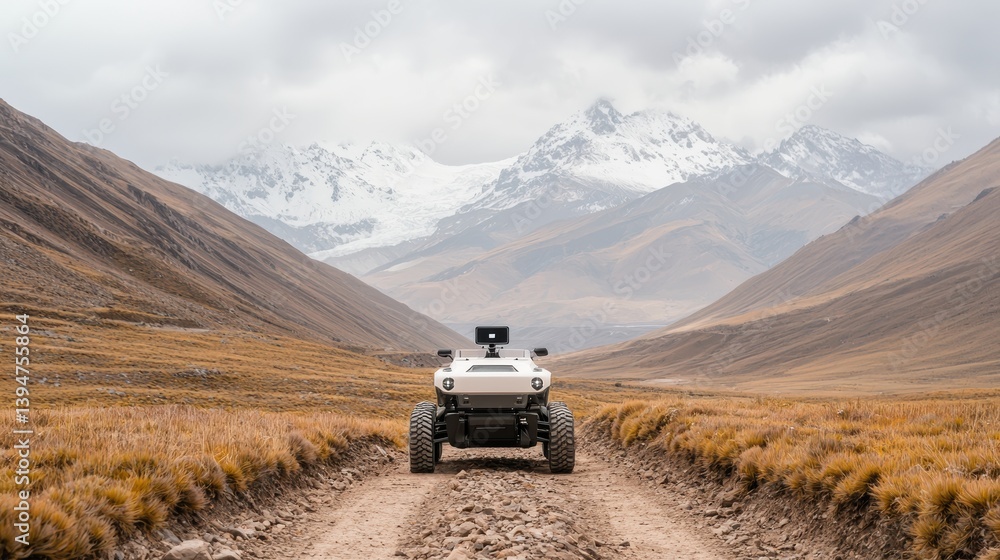 A rugged all terrain vehicle navigating a remote mountainous landscape A rugged all terrain vehicle navigating a remote mountainous landscape
