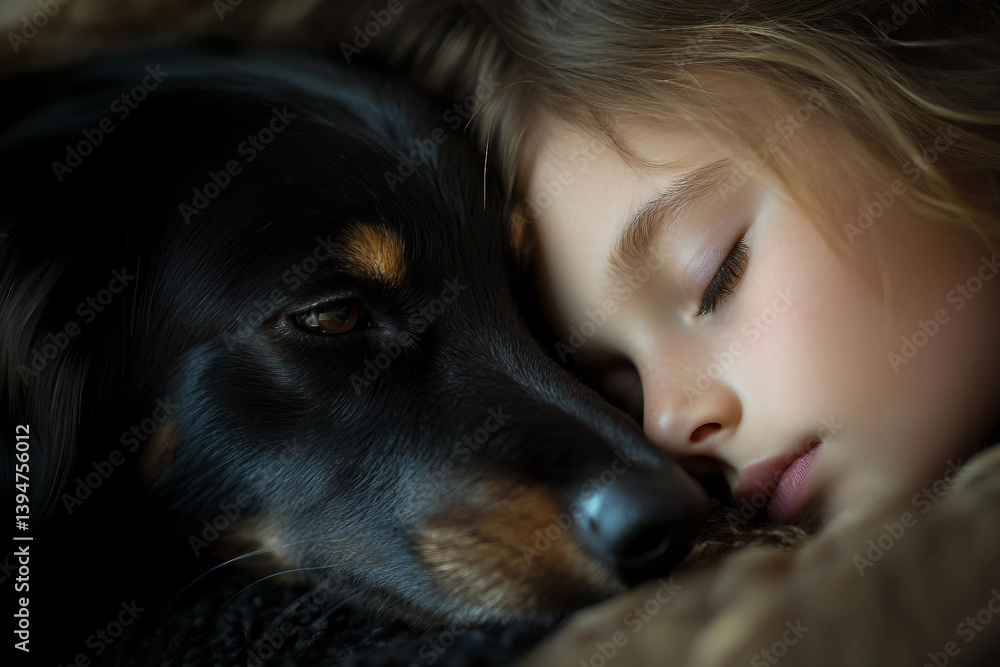 Generative AI image of a joyful child sharing a tender moment with a friendly dog outdoors Generative AI image of a joyful child sharing a tender moment with a friendly dog outdoors