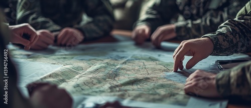 Wallpaper Mural Military personnel gathered around a map, their expressions focused, strategizing with intent and collaboration in a dimly lit room. Torontodigital.ca