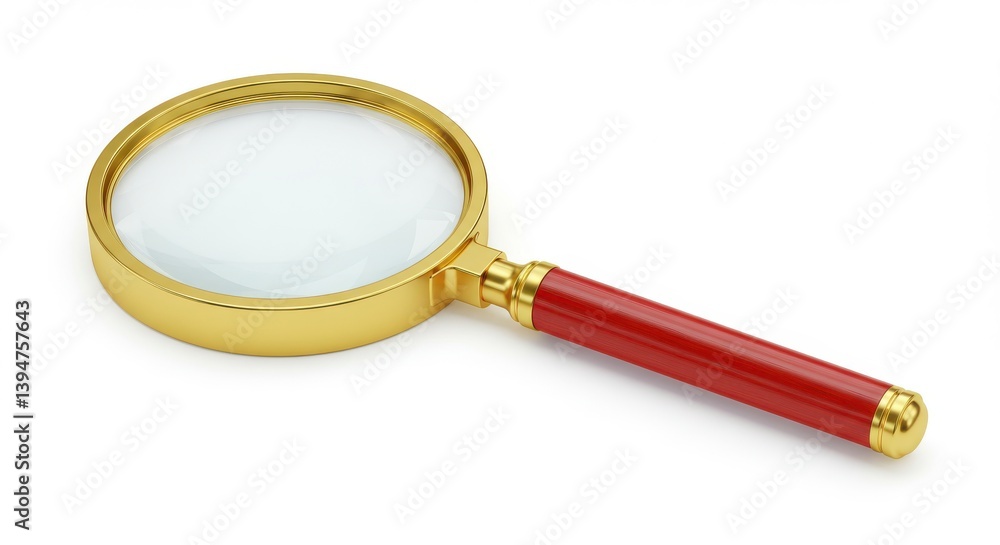 A close up shot of a magnifying glass with a gold rim and a red handle on a white background isolated on white background A close up shot of a magnifying glass with a gold rim and a red handle on a white background isolated on white background