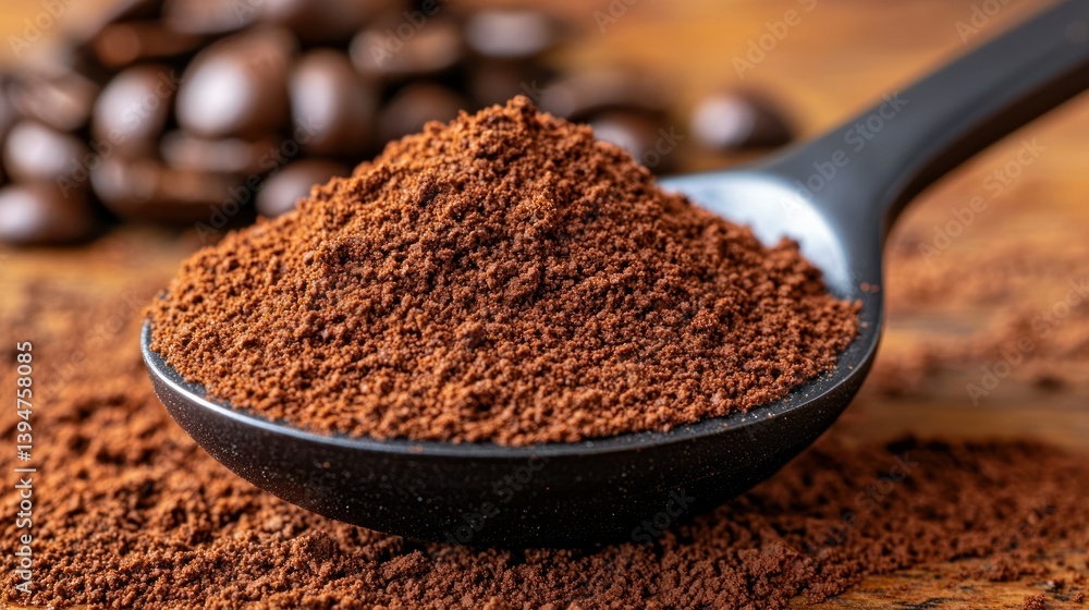 Ground coffee on spoon with beans, brown surface Ground coffee on spoon with beans, brown surface