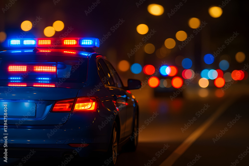Police car with flashing red and blue lights at night on a city street, symbolizing law enforcement, emergency response, crime control, and urban public safety Police car with flashing red and blue lights at night on a city street, symbolizing law enforcement, emergency response, crime control, and urban public safety