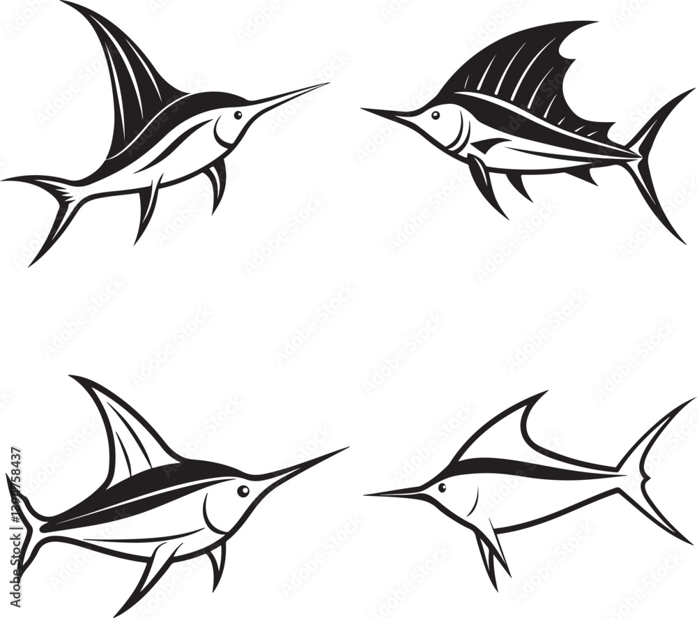 Fototapeta premium pomfret, sailfish, ray fish, salmon line art vector fish
