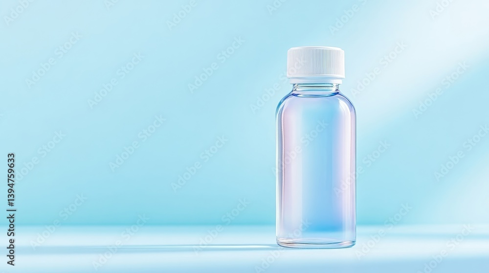 A clear glass bottle with white cap standing on a reflective surface, soft blue background, minimalistic composition, and beauty and skincare concept. A clear glass bottle with white cap standing on a reflective surface, soft blue background, minimalistic composition, and beauty and skincare concept.