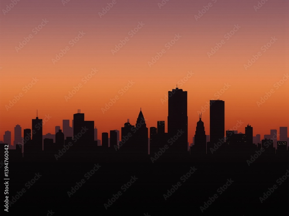 Silhouette of a city skyline at twilight, with tall buildings and a gradient sky transitioning from orange to purple Silhouette of a city skyline at twilight, with tall buildings and a gradient sky transitioning from orange to purple