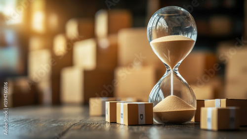 Hourglass filled with delivery boxes running out, symbolizing supply delays